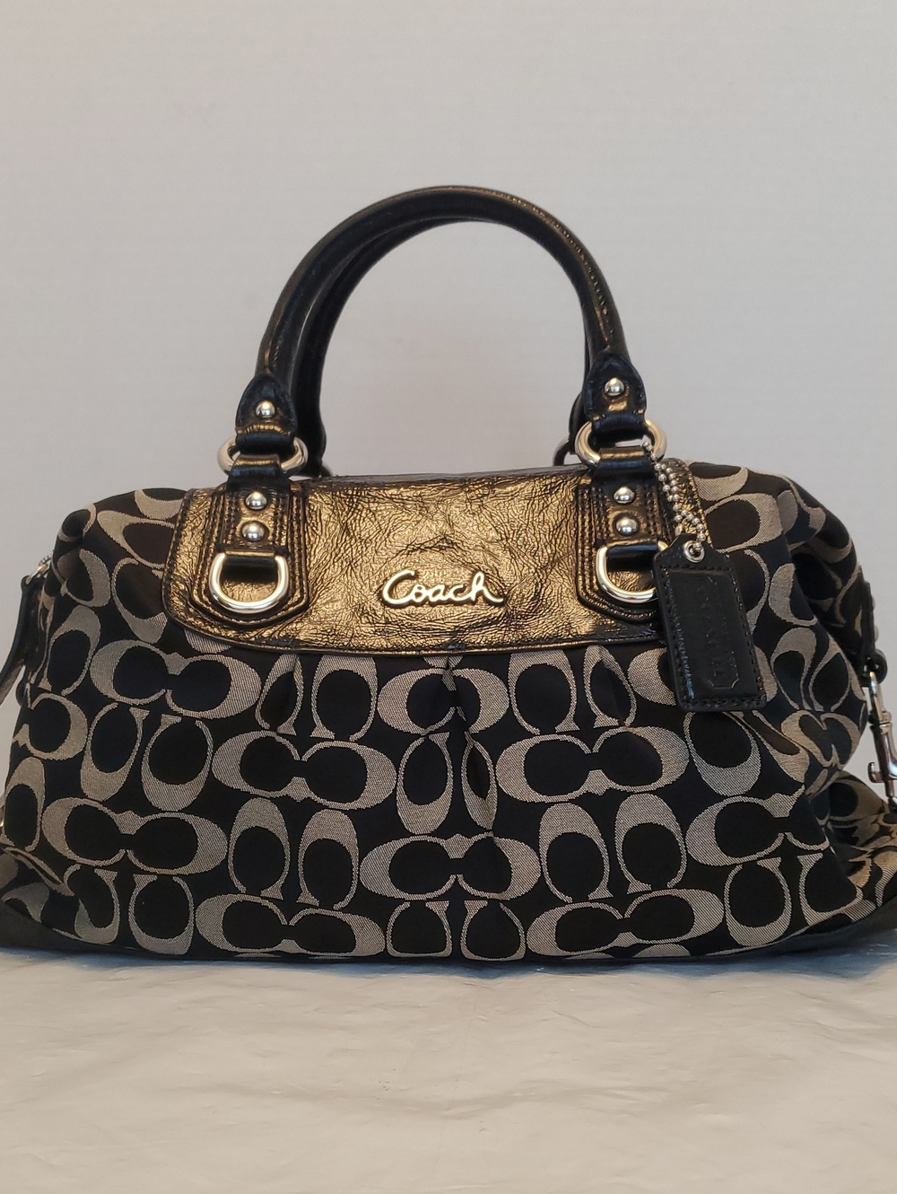 COACH Ashley Black Signature Jacquard Satchel with Metallic Trim